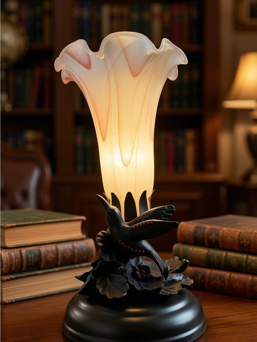Elegant Cream & Pink Glass Tulip Table Lamp with Bird Accent Dale Tiffany Style